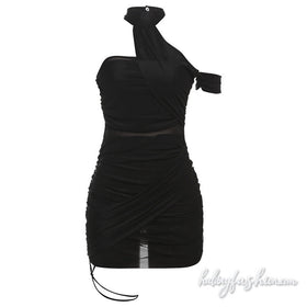 Halter ruched irregular mesh solid mini dress