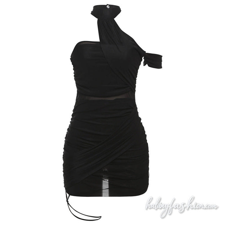 Halter ruched irregular mesh solid mini dress