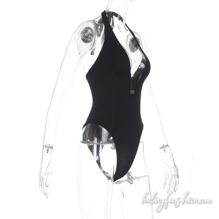 Halter self tie v neck backless solid bodysuit
