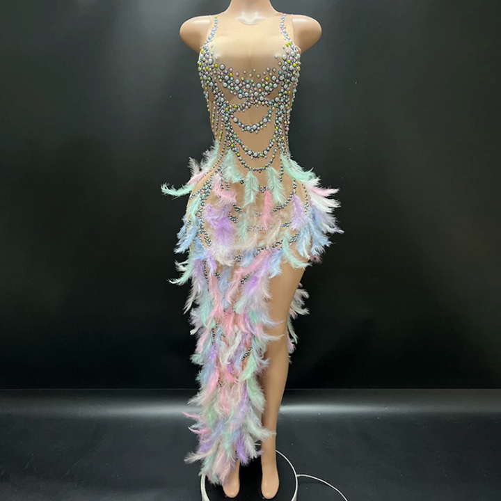 Feather irregular round neck zip-up print midi dress  | Festival Outfits Women