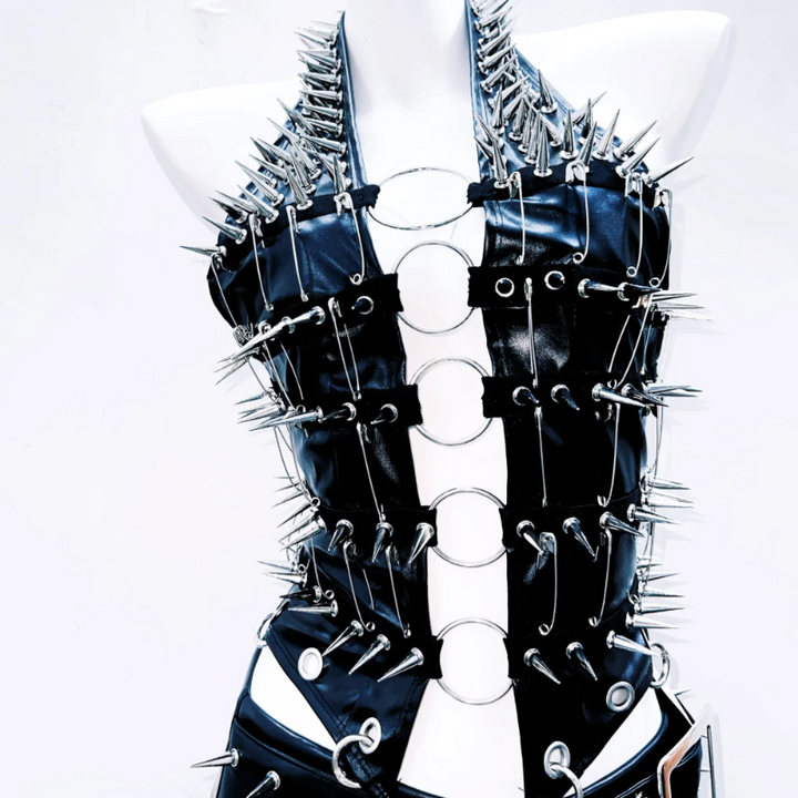 Halter o ring hollow out rivet applique PU leather top