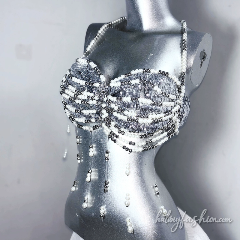 Beaded halter metal chain glitter top