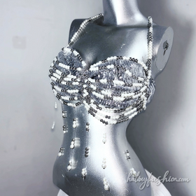 Beaded halter metal chain glitter top