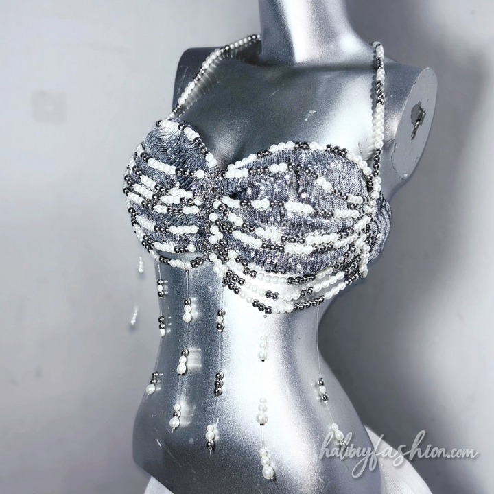 Beaded halter metal chain glitter top
