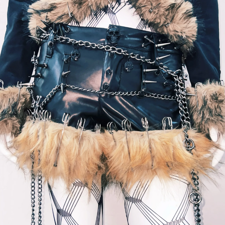 Fluffy long sleeve skull applique hollow out cut out top  | Festival Outfits Women