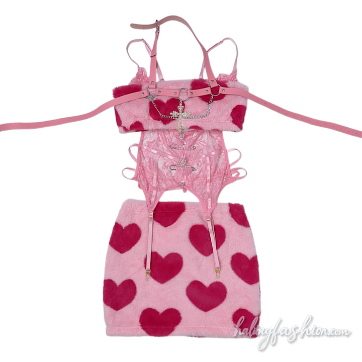 Fluffy heart print metal chain cross applique mini skirt set