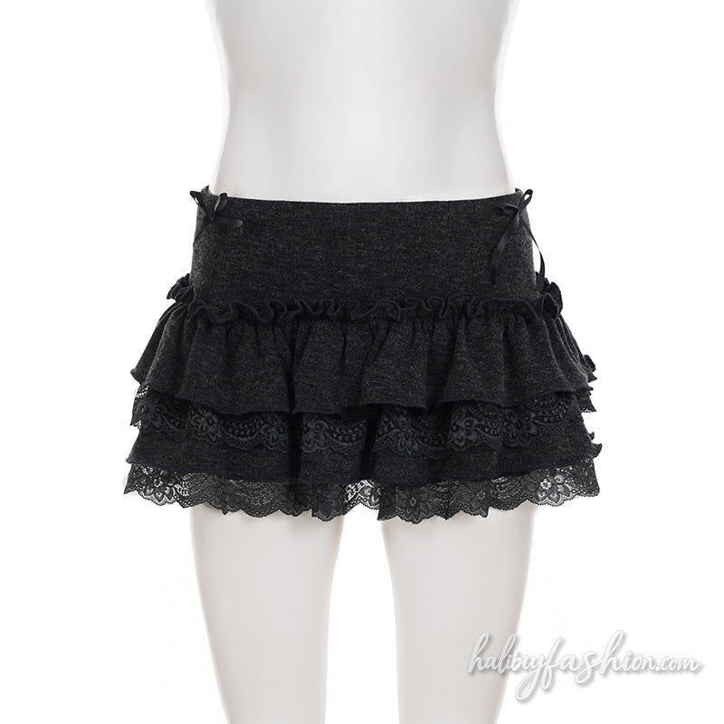 Ruffle bowknot lace hem A line mini skirt