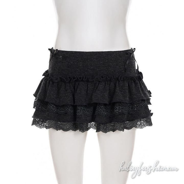 Ruffle bowknot lace hem A line mini skirt