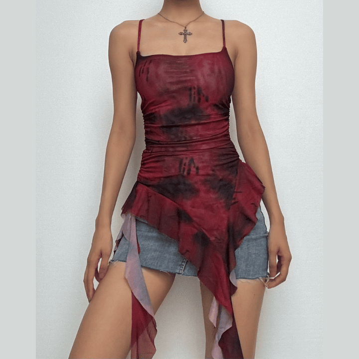 Camouflage ruffle irregular ruched cami top-final-sale