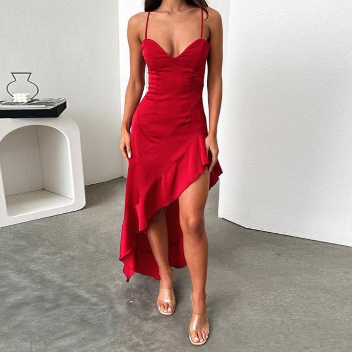 Slit ruffle v neck solid cami midi dress  | Festival Outfits Women