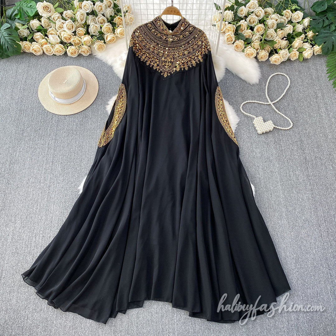 Glitter button crewneck beaded maxi dress