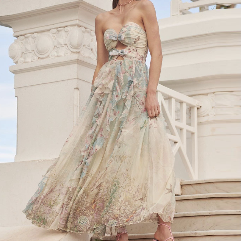 Sweetheart neck ruffle bowknot flower print hollow out cut out maxi dress  | Festival Outfits Women