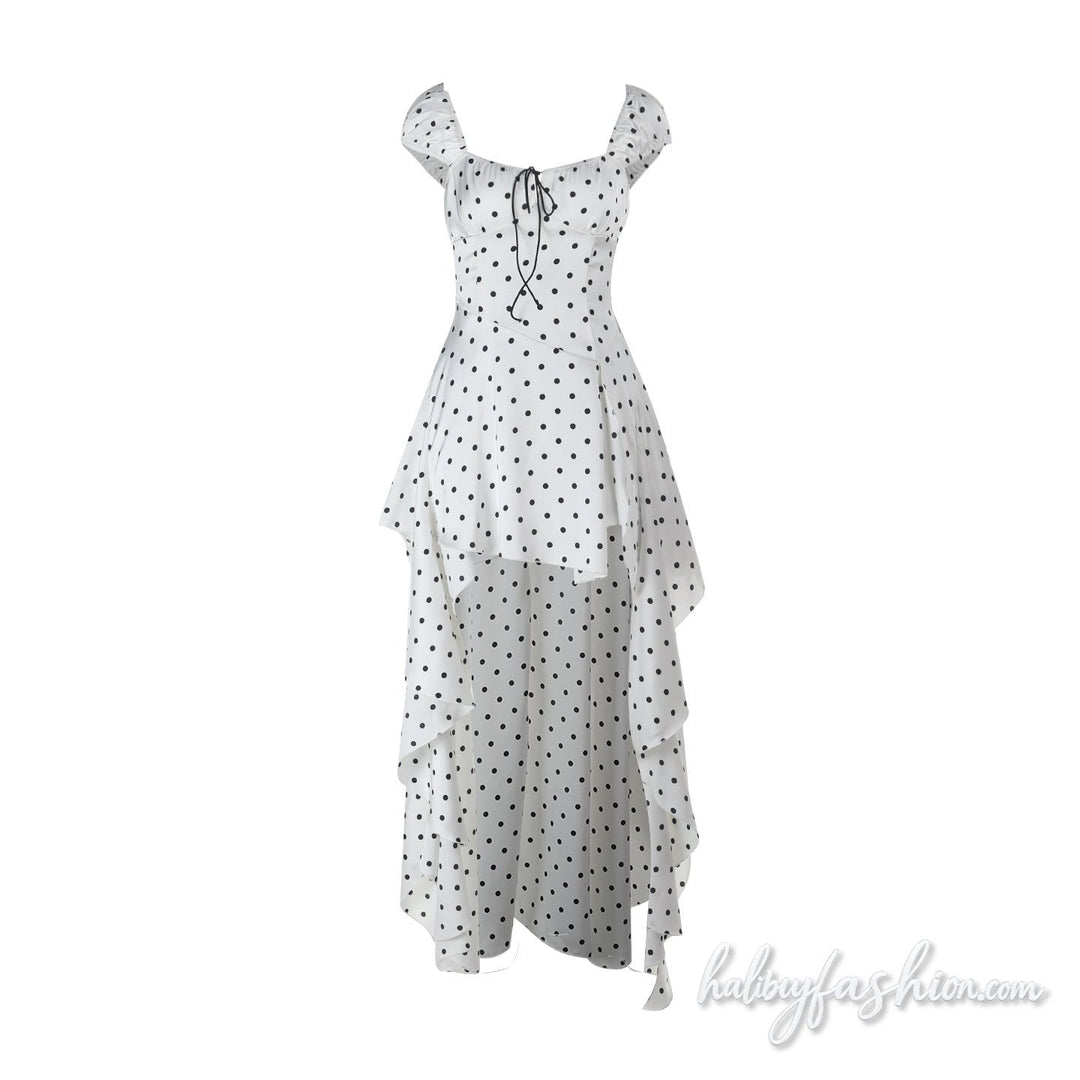 Polka dot self tie ruched zip-up backless maxi dress - Halibuy - 2