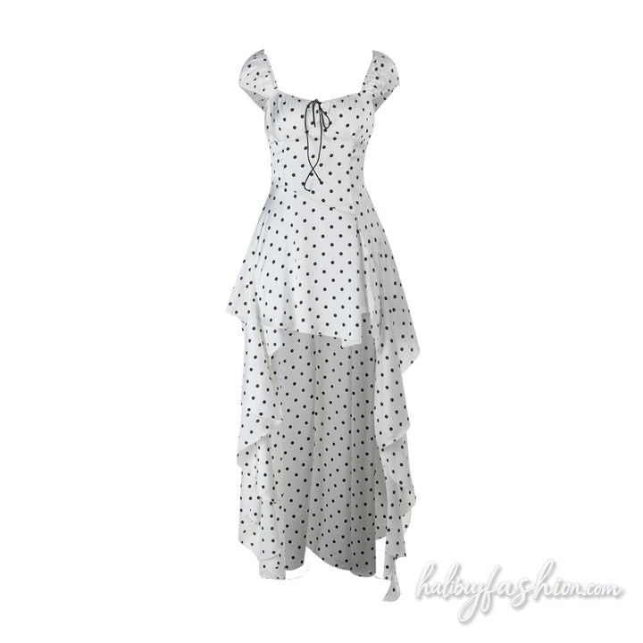 Polka dot self tie ruched zip-up backless maxi dress - Halibuy - 2