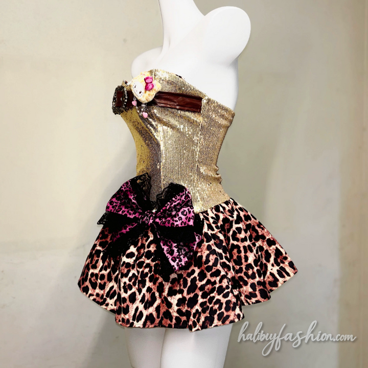 Leopard print bowknot glitter tube mini dress