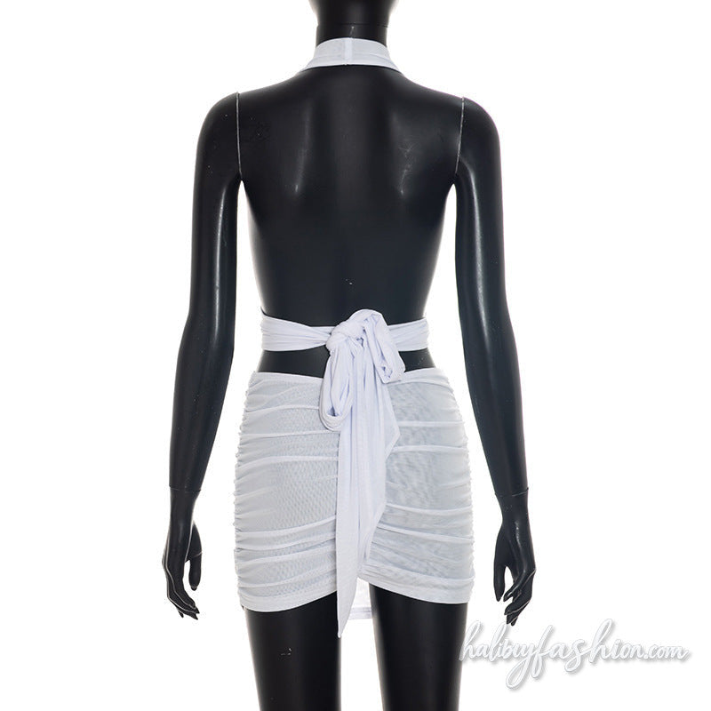 Halter mesh ruched self tie backless mini skirt set