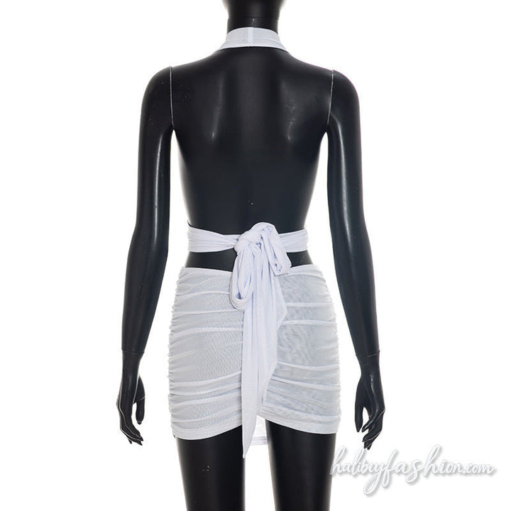Halter mesh ruched self tie backless mini skirt set