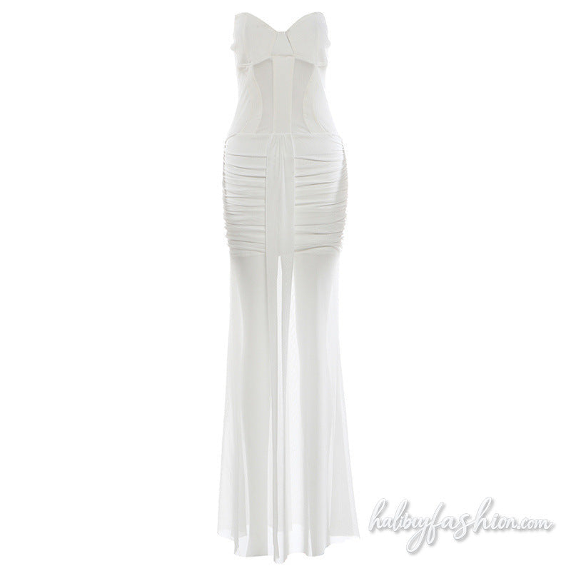 Hollow out ruched mesh solid backless maxi dress