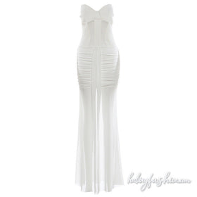 Hollow out ruched mesh solid backless maxi dress