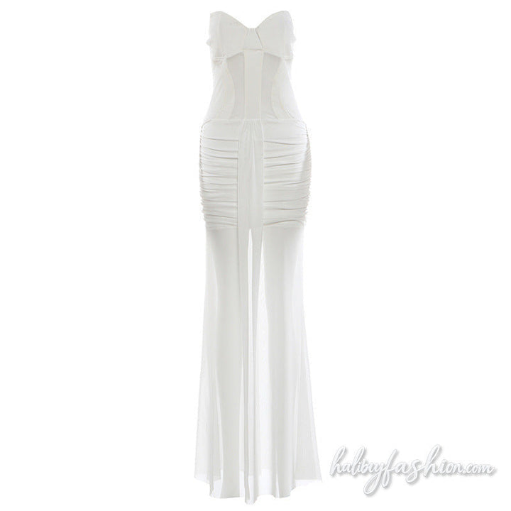 Hollow out ruched mesh solid backless maxi dress