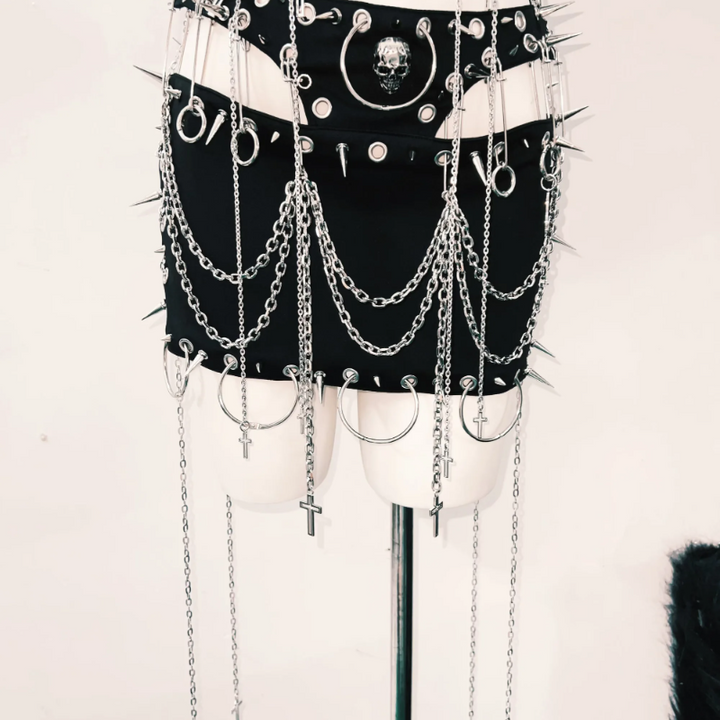 Halter o ring rivet PU leather zip-up mini skirt set Cargo Mini Skirt  | Festival Outfits Women