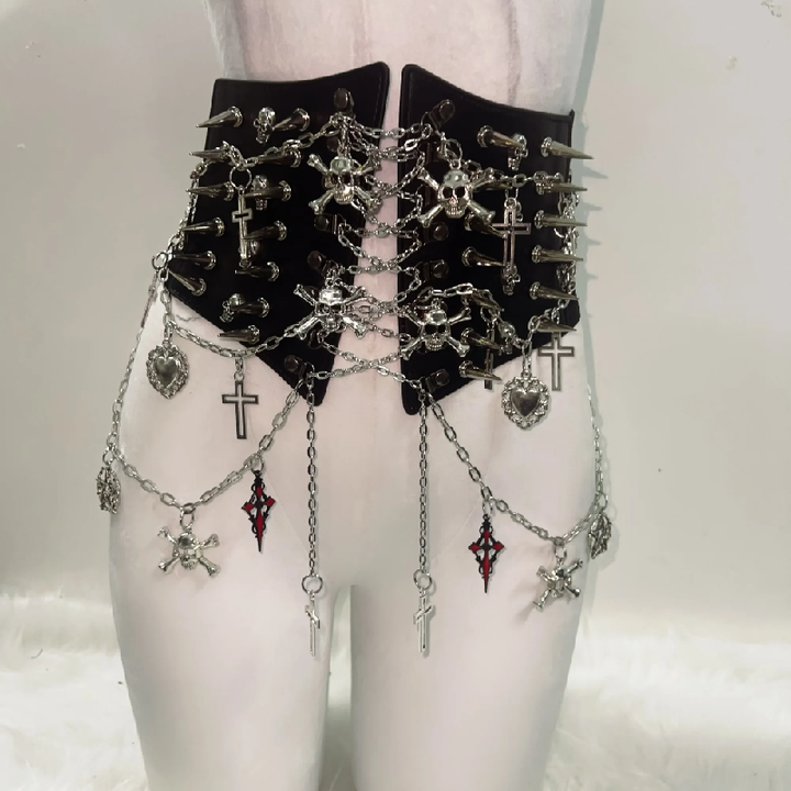 Rivet harness skull applique corset slit mini skirt set  | Festival Outfits Women