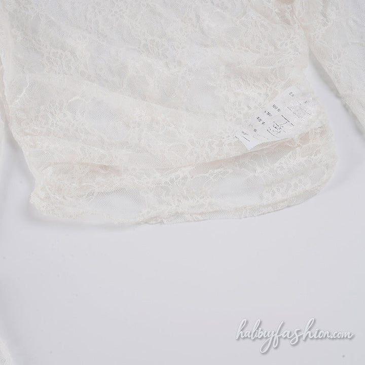 Long flared sleeve lace see through irregular top