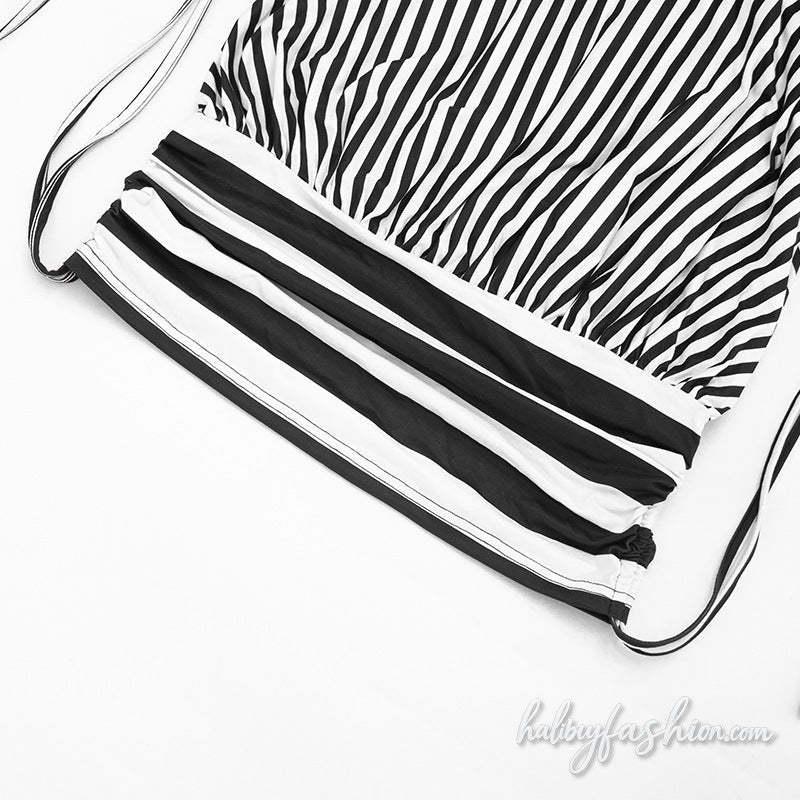 Striped halter self tie backless mini dress - Halibuy - 8