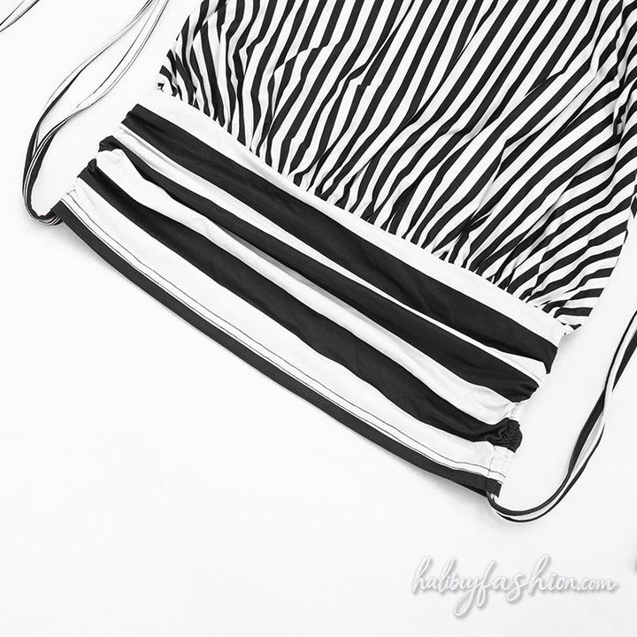 Striped halter self tie backless mini dress - Halibuy - 8