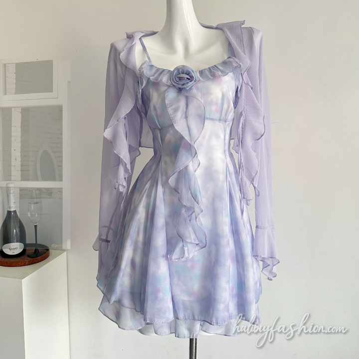 Ruffle flower applique long sleeve 2 piece cami mini dress - Halibuy - 2