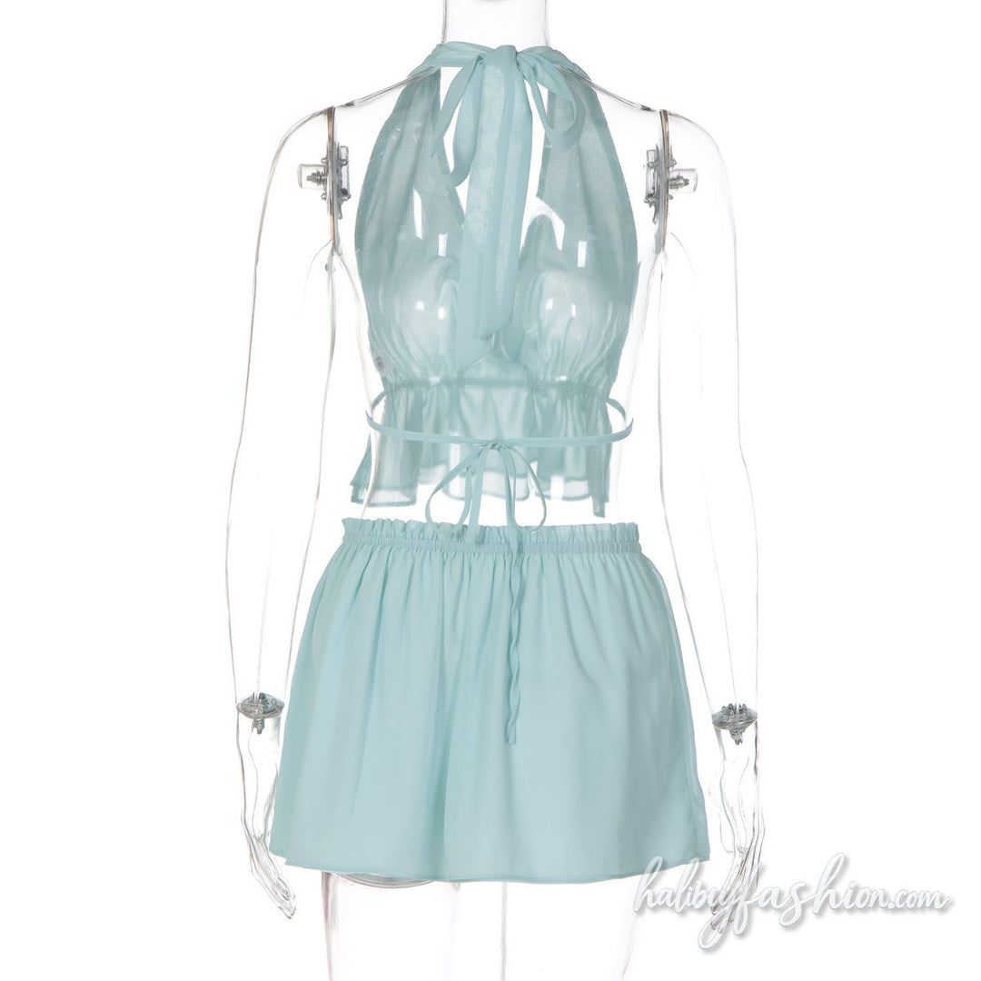 Halter self tie ruched chiffon cowl neck mini skirt set - Halibuy - 4