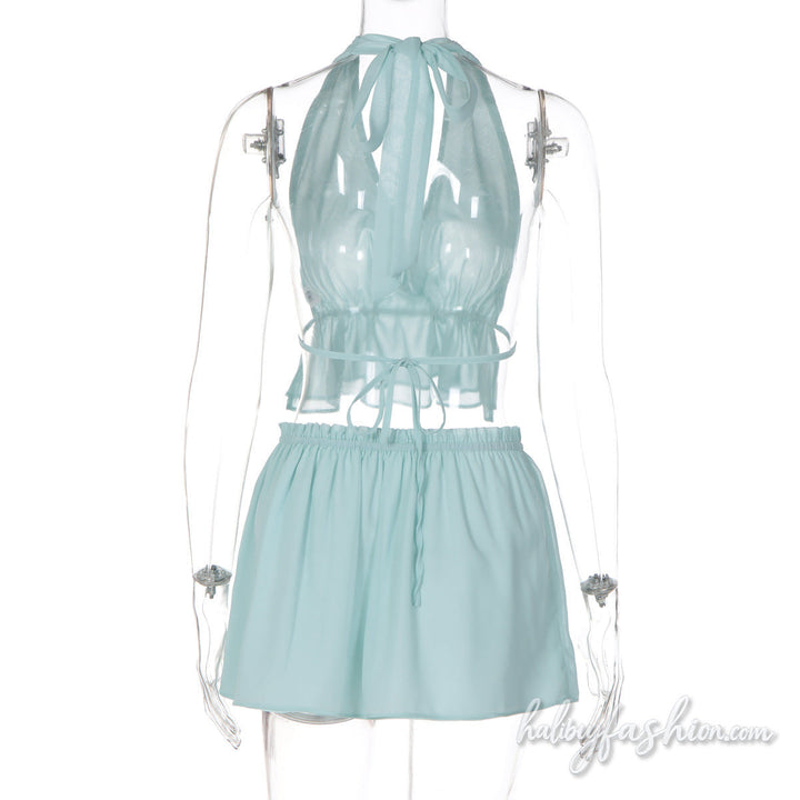 Halter self tie ruched chiffon cowl neck mini skirt set - Halibuy - 4