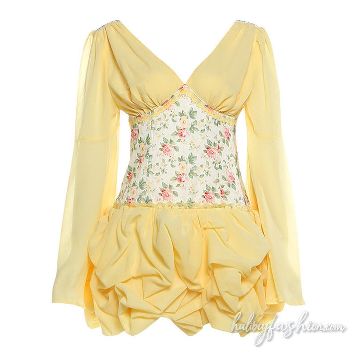 Long flared sleeve v neck flower print ruched mini dress - Halibuy - 2