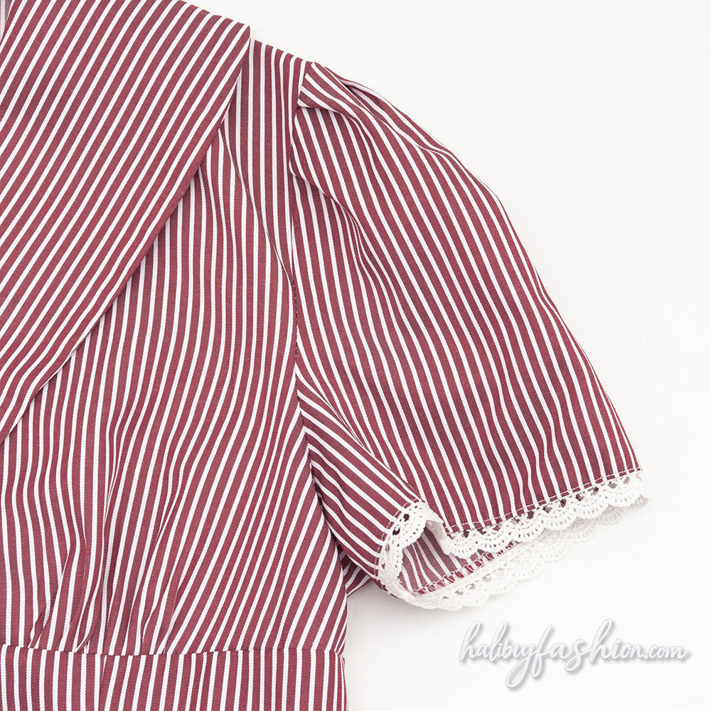Striped short sleeve lace hem v neck button mini skirt set - Halibuy - 9