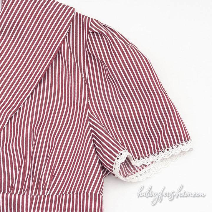 Striped short sleeve lace hem v neck button mini skirt set - Halibuy - 9
