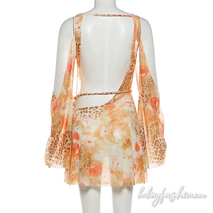 Cowl neck leopard print mesh hollow out mini dress
