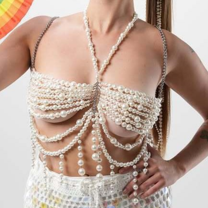 Metal chain beaded halter backless top  | Festival Outfits Women