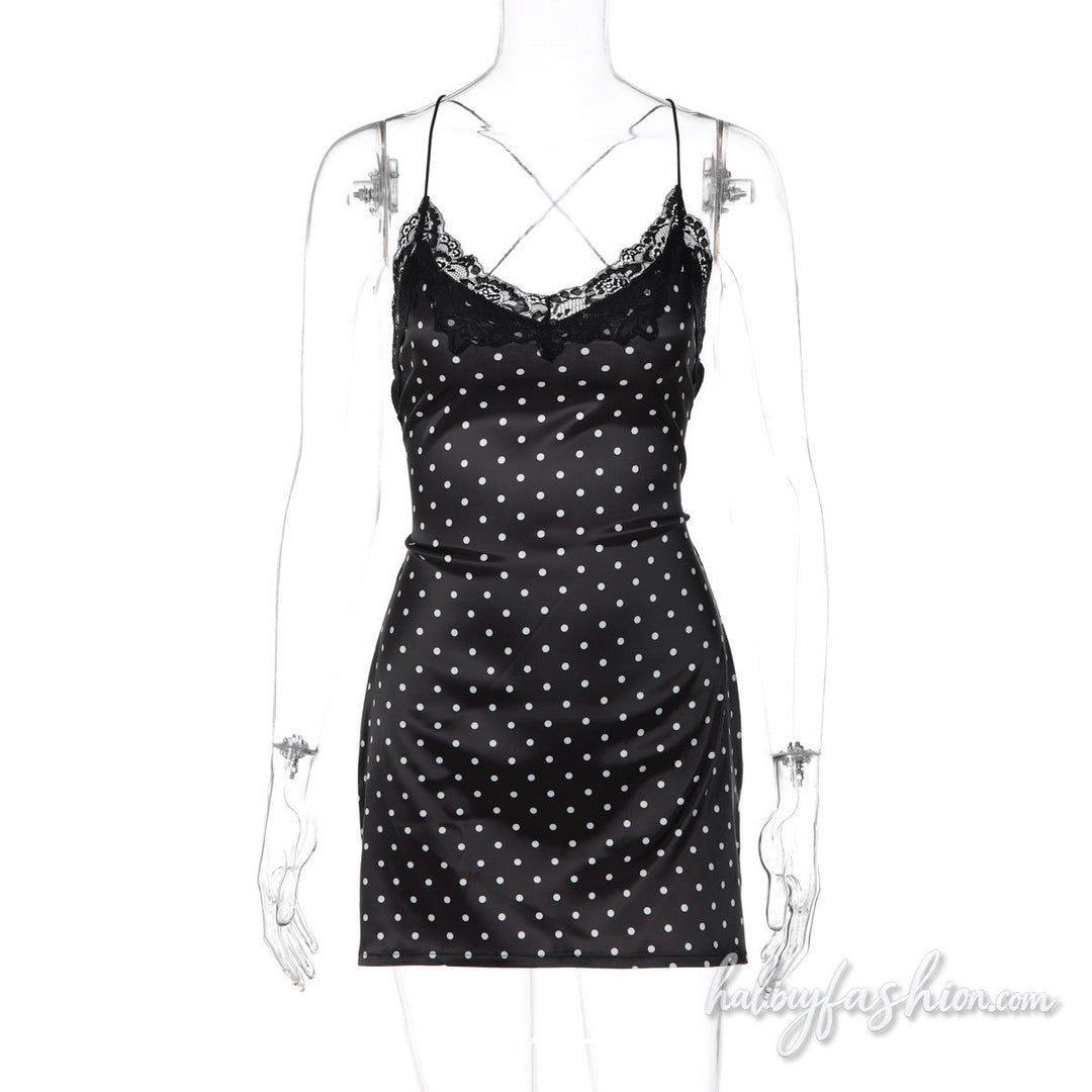 Cross back spaghetti strap lace hem polka dot mini dress - Halibuy - 2