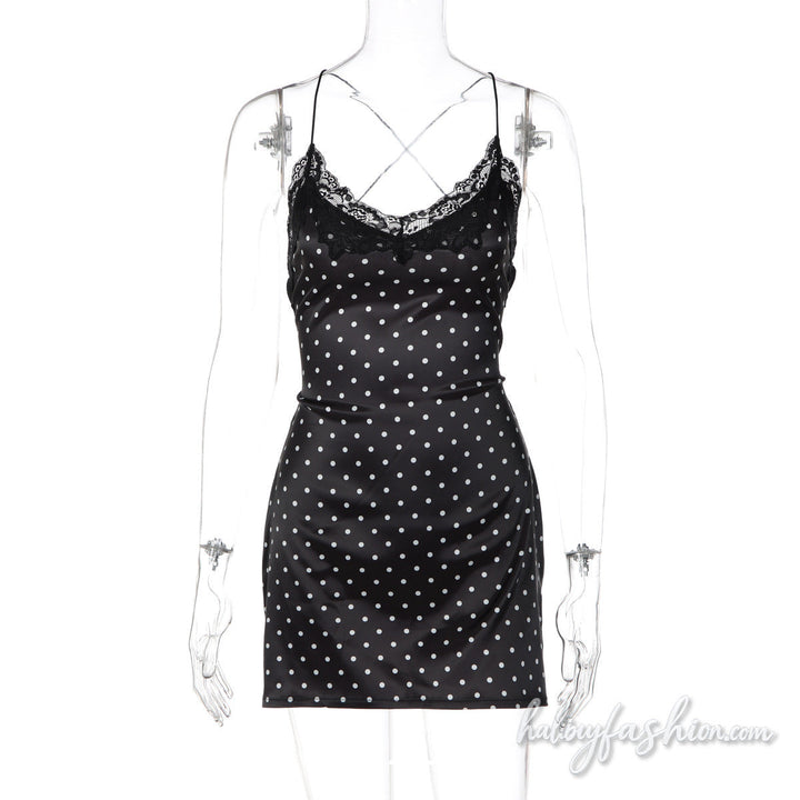 Cross back spaghetti strap lace hem polka dot mini dress - Halibuy - 2