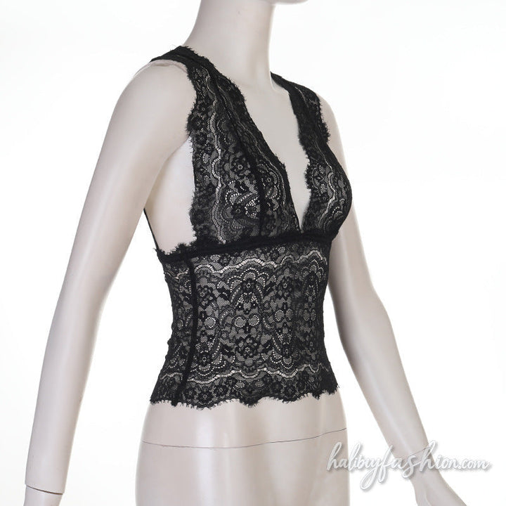 Lace v neck see through solid tank top