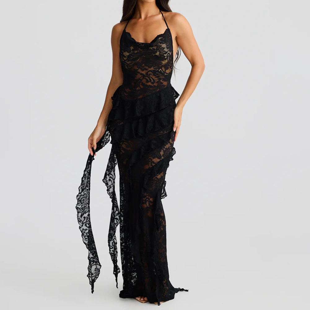 Halter lace ruffle backless maxi dress  | Festival Outfits Women