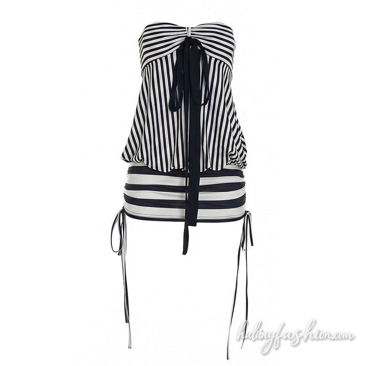 Striped halter self tie backless mini dress - Halibuy - 2