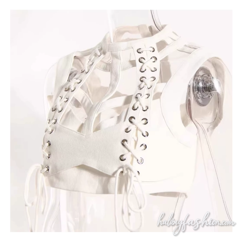 Sleeveless lace up hollow out crop top
