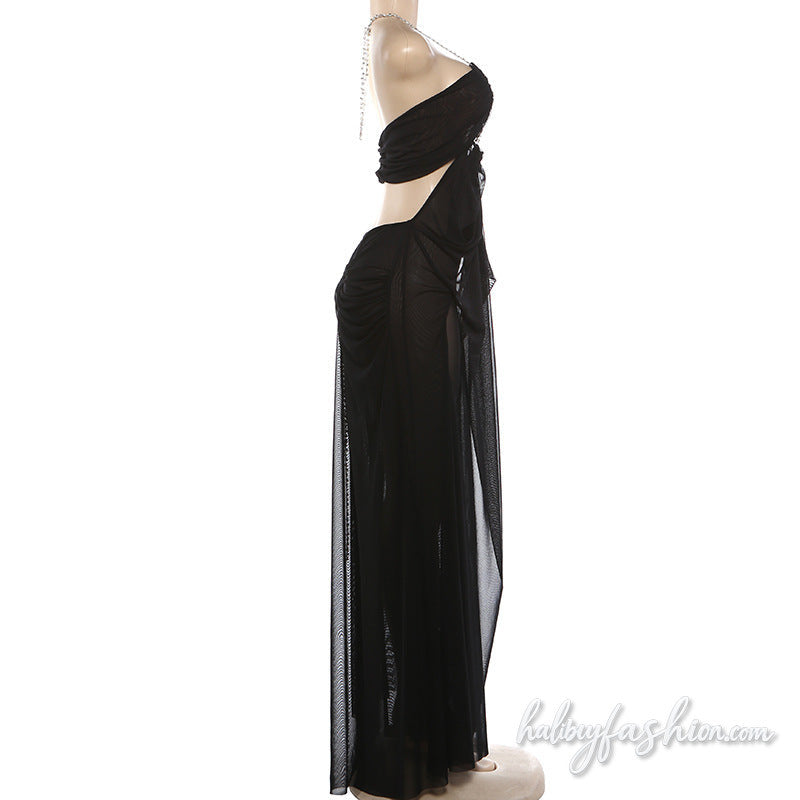 Halter hollow out mesh ruched solid maxi dress