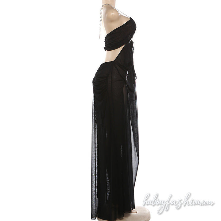 Halter hollow out mesh ruched solid maxi dress