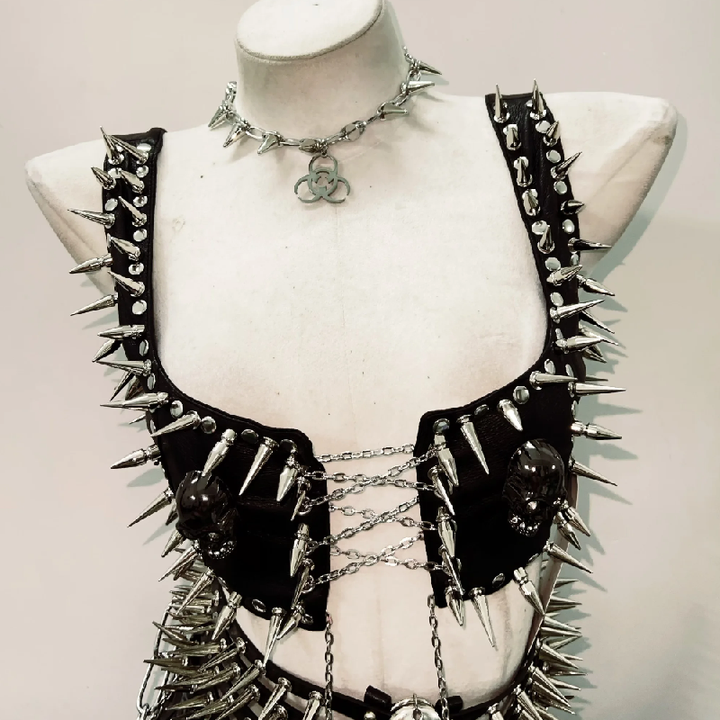 PU leather metal chain skull applique belt top  | Festival Outfits Women