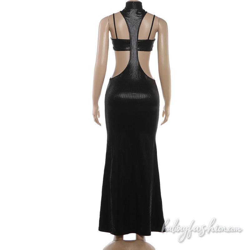 High neck hollow out plaid cami maxi dress