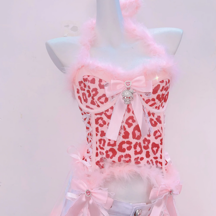 Leopard print bowknot halter fluffy backless top  | Cheetah Print Top