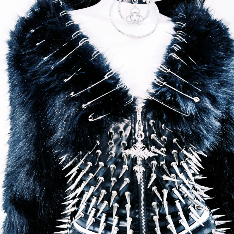 Long sleeve v neck rivet fluffy zip-up coat top  | Festival Outfits Women