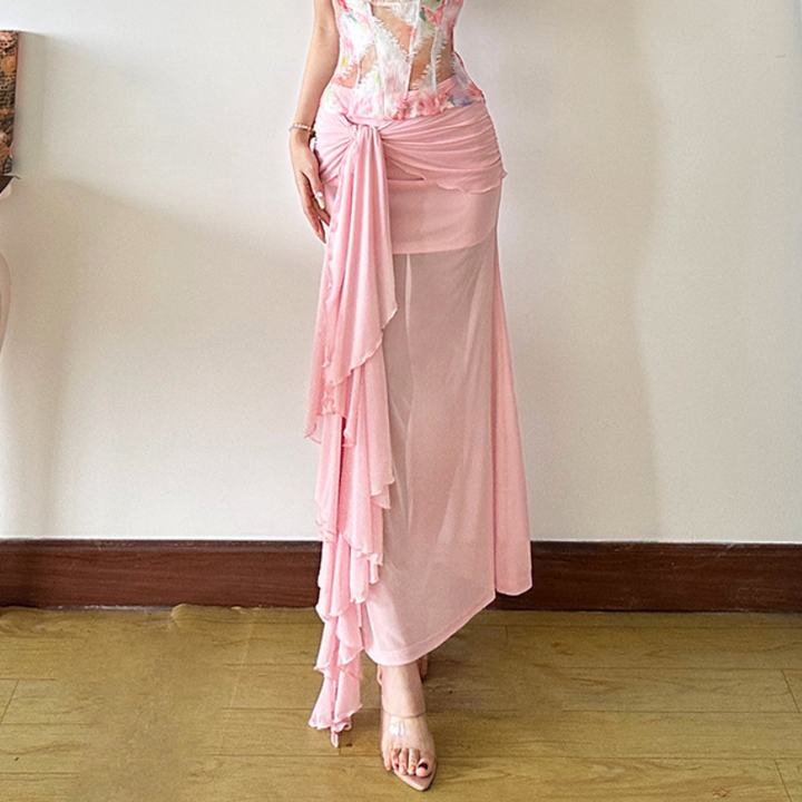 Ruched mesh ruffle irregular midi skirt  | Festival Outfits Women